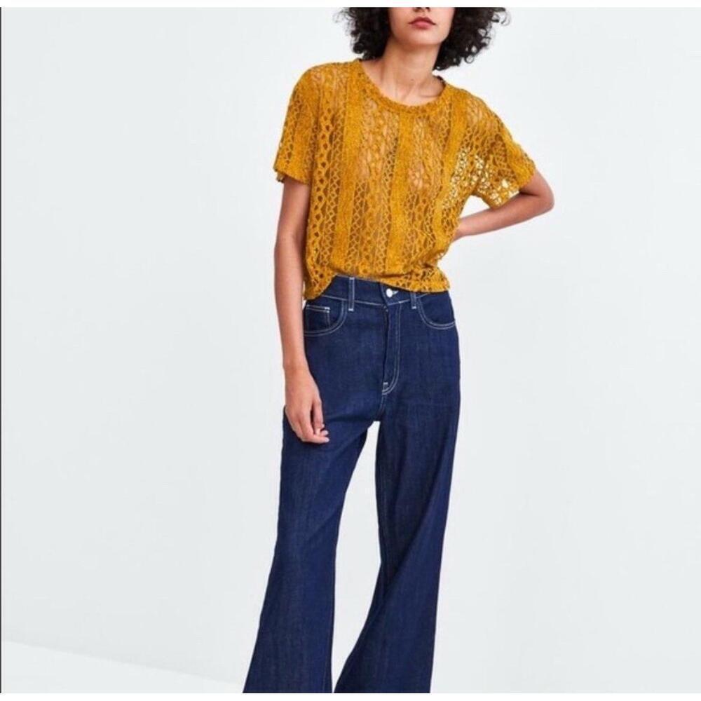 NEW ZARA Lace Velvet blouse Top Mustard Yellow Womens NWOT